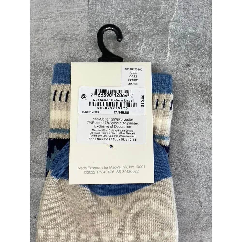 Sun + Stone Men's Blue/Tan Deer Fair Isle Fleece-Lined Crew Single Sock SZ 10-13